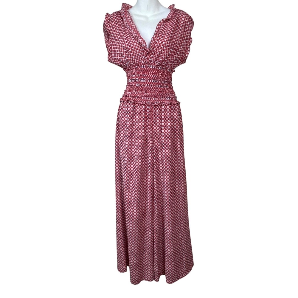 Max Studio Red Geometric Smocked Jumpsuit Flutter Sleeve Boho Fairy Womens S